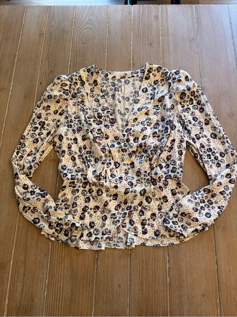 Free people Floral Peplum Blouse - Cream with Black & Pink Print